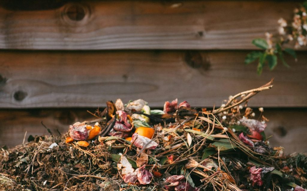 A compost bin filled with food scraps and dry leaves