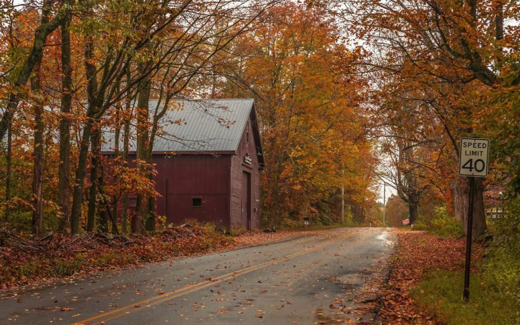 A country road in New England lined with fall trees