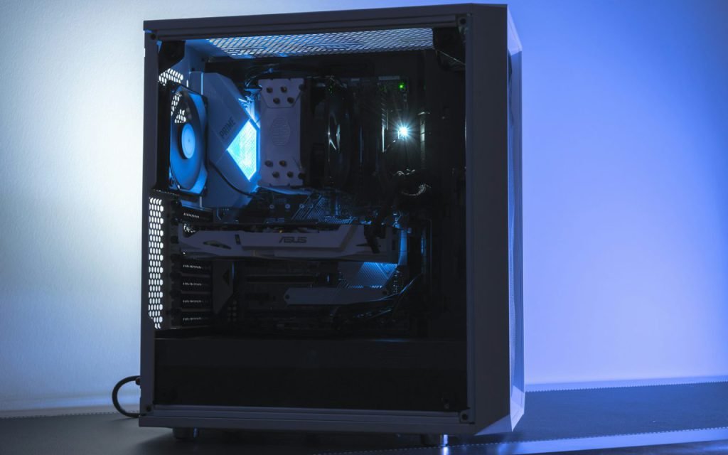 Gaming PC glowing with blue lights