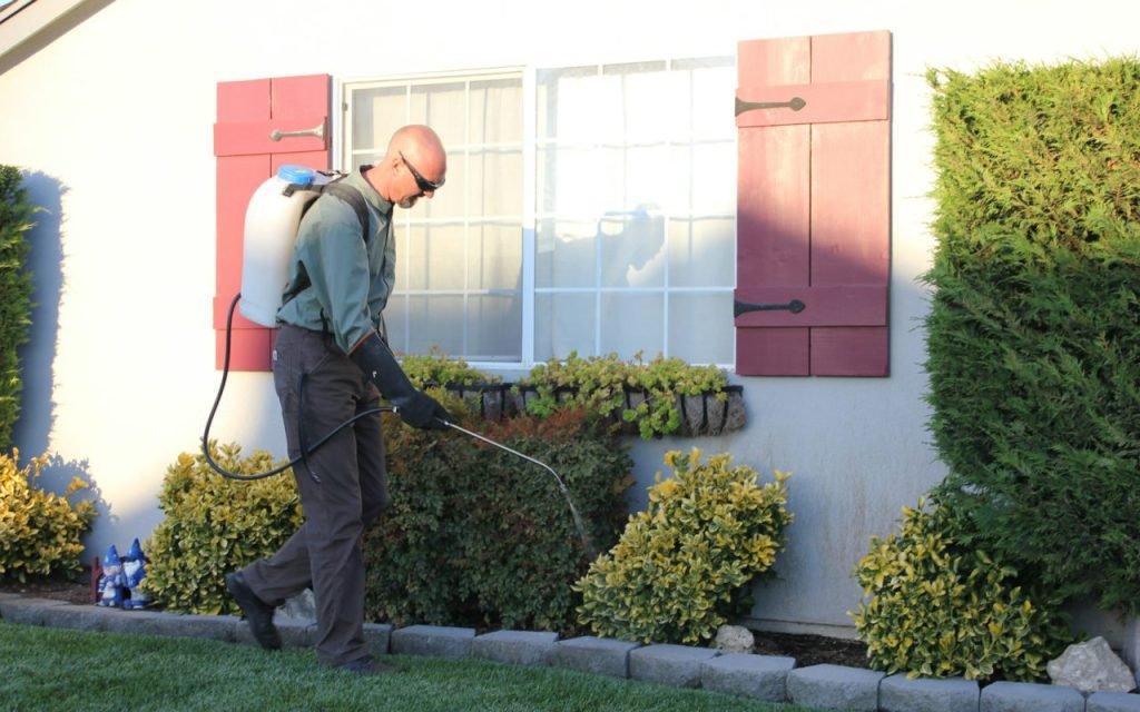 A technician inspecting the outside of a house